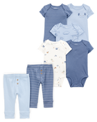 Baby 7-Piece Short-Sleeve Bodysuits & Pull-On Pants Set - Blue, image 1 of 12 slides