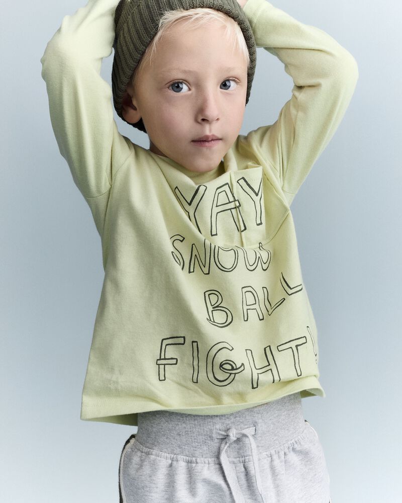 Toddler Snow Ball Fight!' Long-Sleeve Pocket Relaxed Graphic Tee - Lime, image 1 of 6 slides
