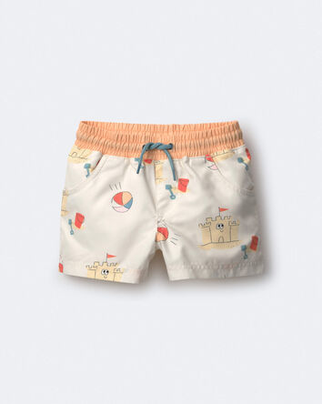 Toddler Boy Swim Trunks in Sandcastle Print - Cream, 