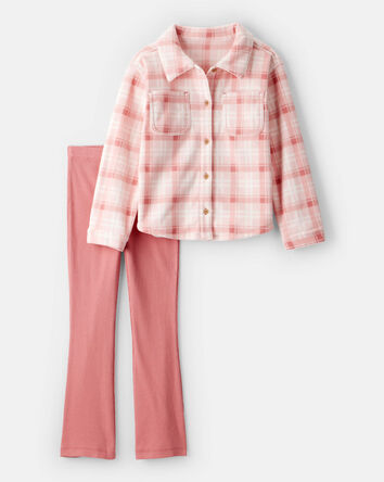 Girls 2-Piece Plaid Long-Sleeve Shirt & Pant Set - Pink, 