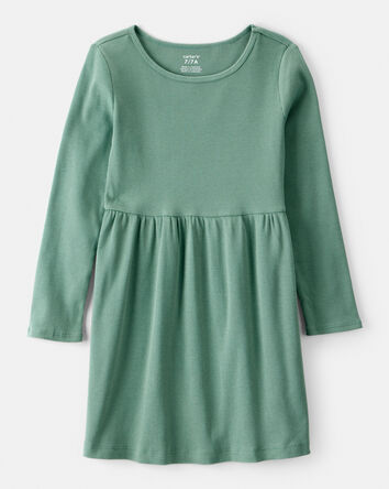 Girls Long Sleeve Cotton Dress - Green, 