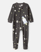 Toddler Boy Spaceship Star Fleece Loose Fit 1-Piece Pajamas - Grey, image 1 of 4 slides
