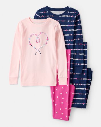 Girls Heart Print 100% Cotton Long-Sleeve Snug Fit 4-Piece Pajamas - Navy/Pink, 