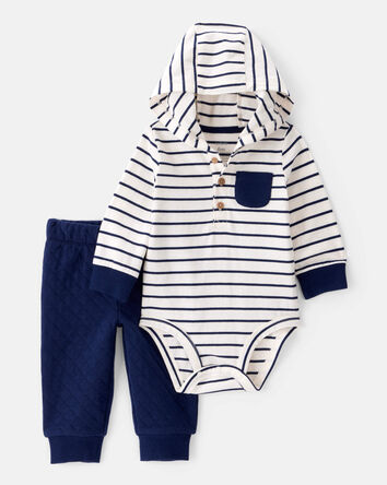 Baby Boy 2-Piece Striped Hooded Long-Sleeve Bodysuit Pant Set - White/Navy, 