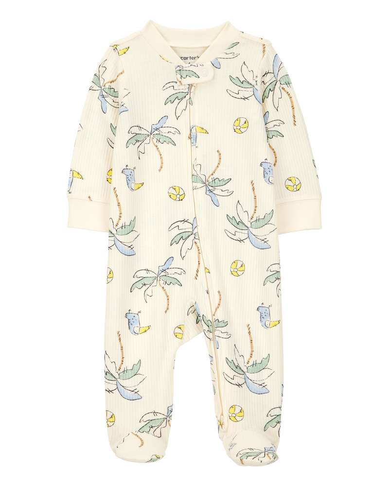 Baby Palm Tree Print 2-Way Zip Sleep & Play Pajamas - Ivory, image 1 of 3 slides