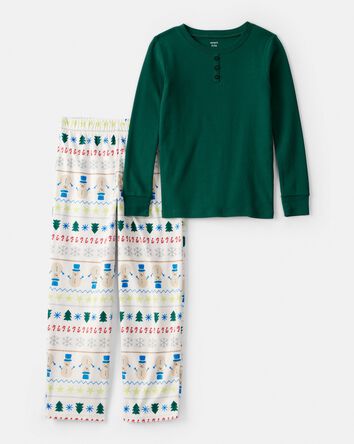 Kid Snowman Fair Isle Cotton Long-Sleeve Snug Fit 2-Piece Pajamas - Green/White, 