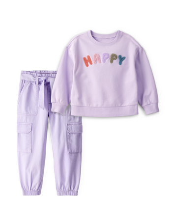 Baby Girl 2-Piece Purple Pullover Sweatshirt & Cotton Cargo Joggers Set - Purple, 