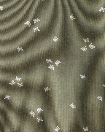 Girls Butterfly Print Ribbed Short-Sleeve Shirt - Olive, 