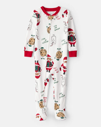Toddler Brown Santa Milk & Cookies 100% Cotton Long-Sleeve Snug Fit 1-Piece Pajamas - White, 