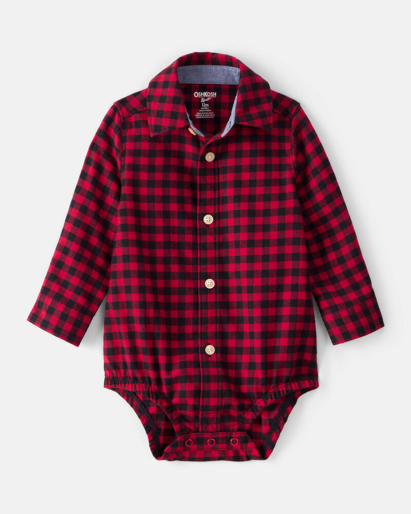Baby Boy Plaid Cotton Long-Sleeve Button-Down Fashion Bodysuit - Red, image 1 of 3 slides