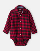 Baby Boy Plaid Cotton Long-Sleeve Button-Down Fashion Bodysuit - Red, image 1 of 3 slides