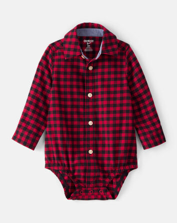 Baby Boy Plaid Cotton Long-Sleeve Button-Down Fashion Bodysuit - Red, 