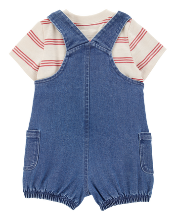 Baby Boy 2-Piece Striped Tee & Denim Shortall Set - Navy/Ivory, 