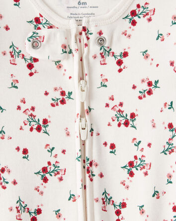 Baby Girl Bow Floral Print 100% Cotton Sleep & Play Pajamas - White/Red, 
