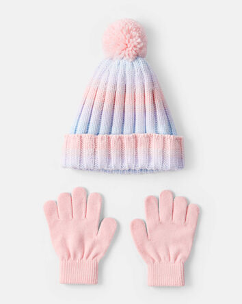 Girls 2-Piece Ombre Winter Hat & Mittens - Purple, 