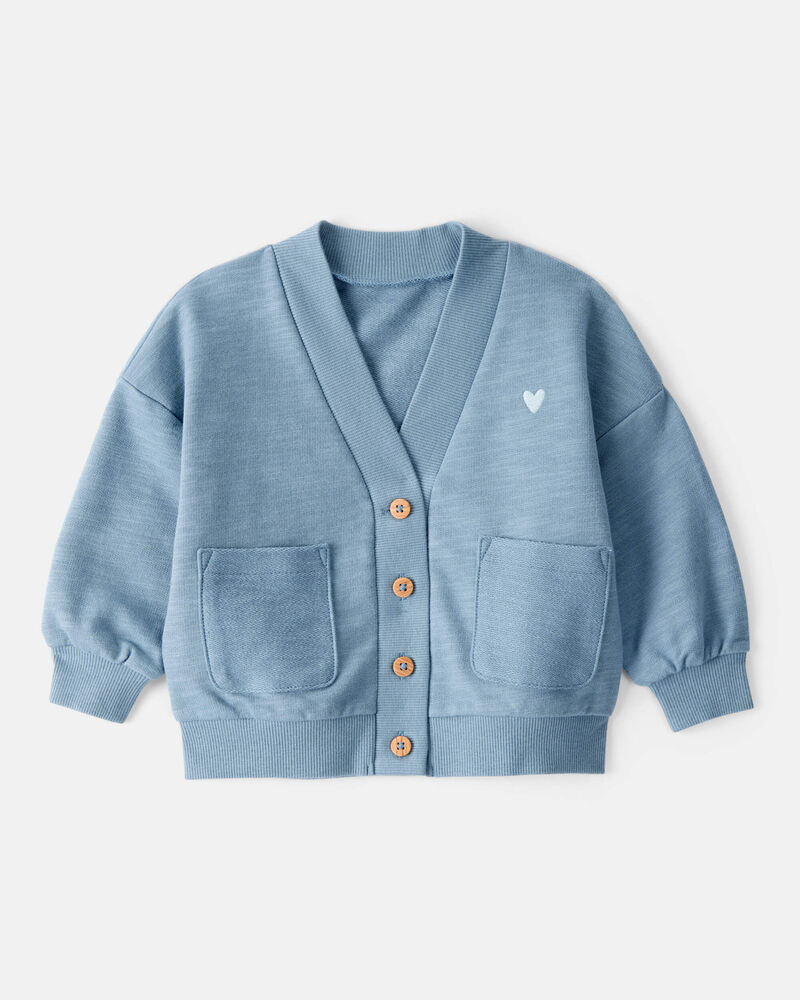 Baby Girl Heart Cotton Long-Sleeve Cardigan Sweater - Blue, image 1 of 3 slides