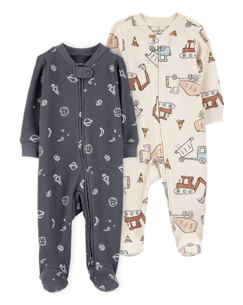 Baby 2-Pack  Ribbed 2-Way Zip Sleep & Play Pajamas - Grey/Ivory, 