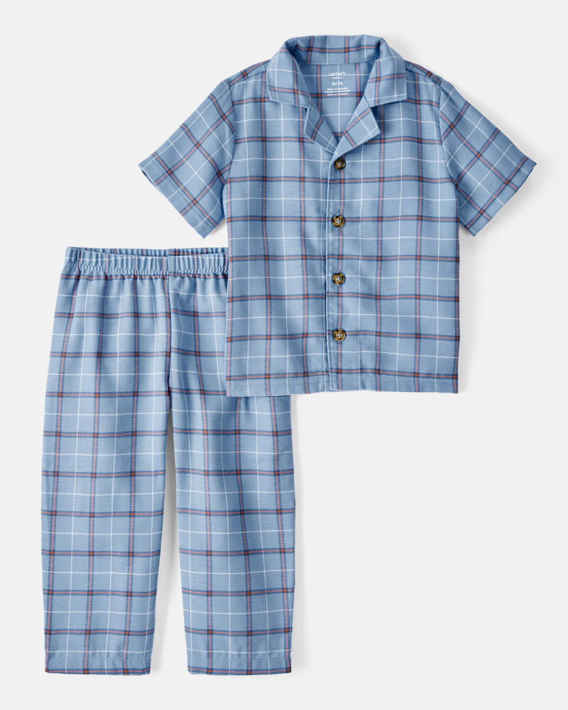 Toddler 2-Piece Plaid Coat Style Loose Fit Pajamas - Blue, image 1 of 3 slides