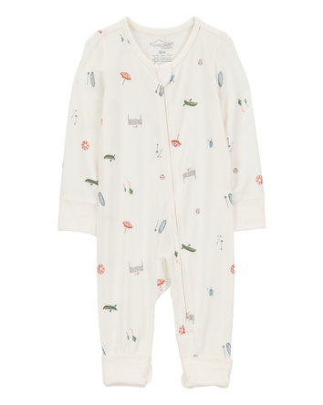 Baby Girl Camp Print 2-Way Zip PurelySoft Convertible Foot Sleep & Play Pajamas - Ivory, 