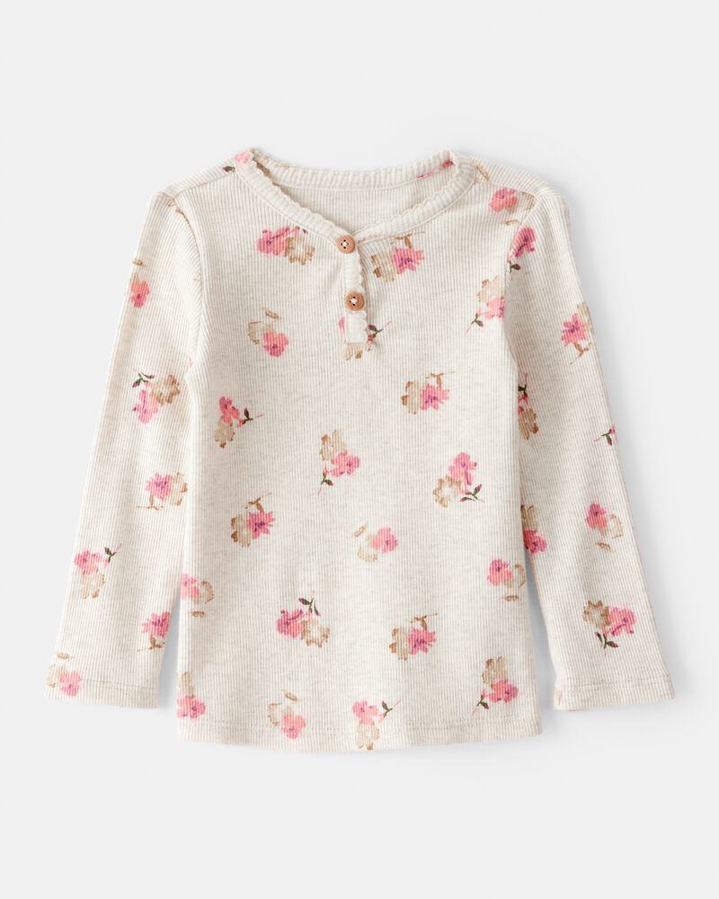 Baby Girl Floral Print Cotton Long-Sleeve Henley Top - Cream, image 1 of 3 slides