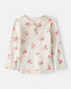 Baby Girl Floral Print Cotton Long-Sleeve Henley Top - Cream, image 1 of 3 slides