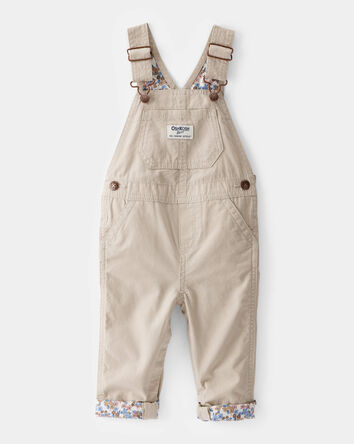 Baby Girl Lightweight Floral-Lined Canvas Overalls  - Khaki, 