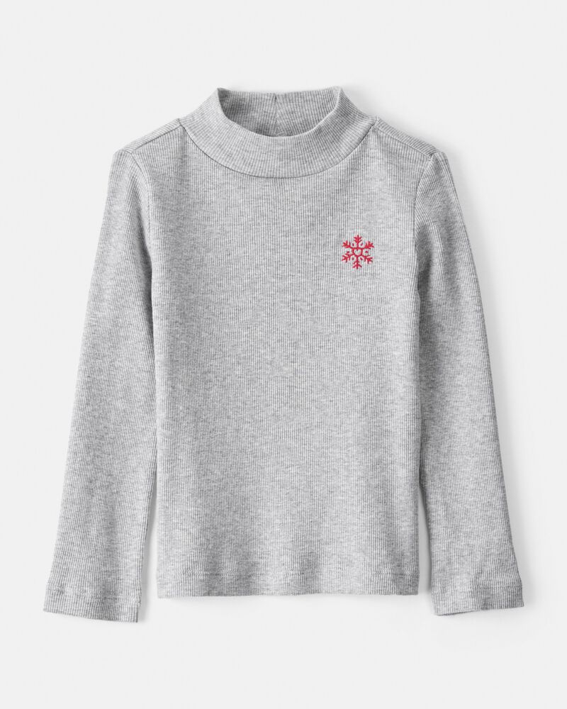 Toddler Girl Snowflake Mock Neck Rib Top - Grey, image 1 of 3 slides