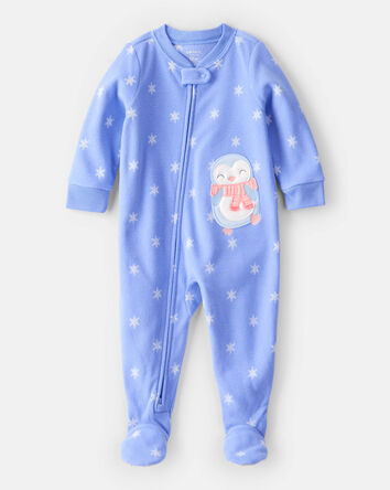 Toddler Girl Penguin Fleece Long-Sleeve Loose Fit 1-Piece Pajamas - Blue, 