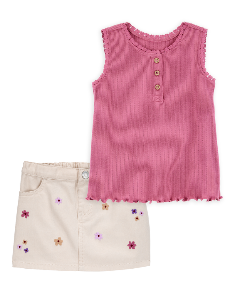 Baby 2-Piece Rib Tank Top & Floral Twill Skirt Set - Pink/Ivory, image 1 of 5 slides