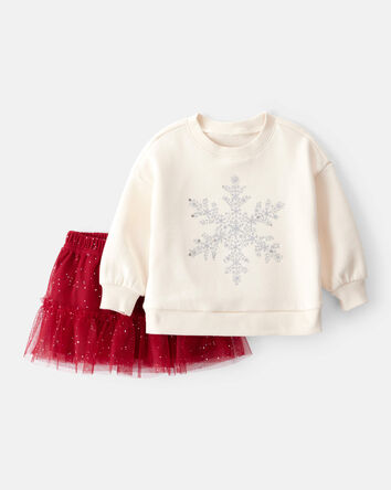 Baby Girl 2-Piece DayDream Fleece Snowflake Print Long-Sleeve Top & Skort Set - Red/Cream, 