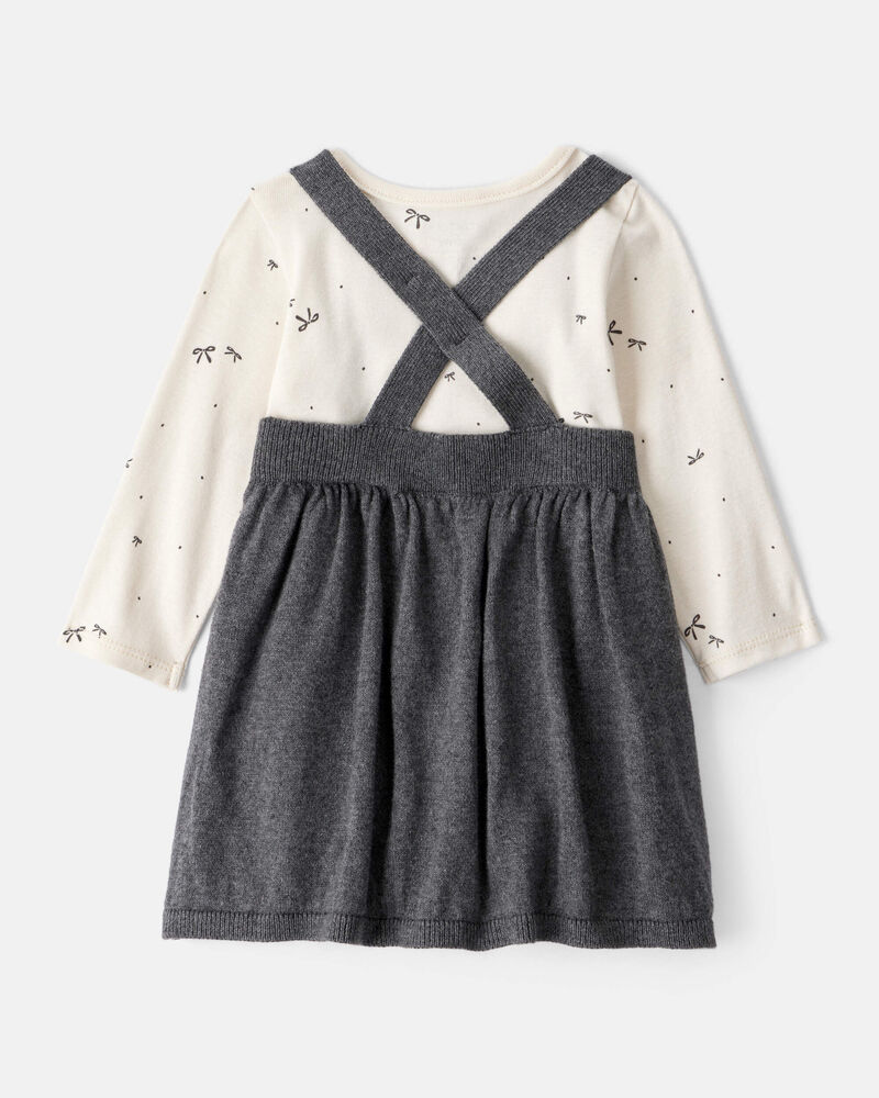 Baby Girl Bow Print Cotton Long-Sleeve Dress Set - Grey, image 2 of 7 slides