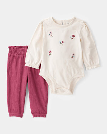 Baby Girl 2-Piece Floral Long-Sleeve Bodysuit Pant Set - White/Pink, 
