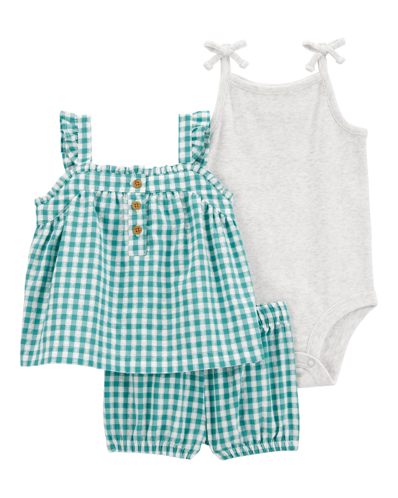 Baby Girl 3-Piece Gingham Outfit Set - Green/Grey, image 1 of 5 slides