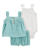 Baby Girl 3-Piece Gingham Outfit Set - Green/Grey, image 1 of 5 slides