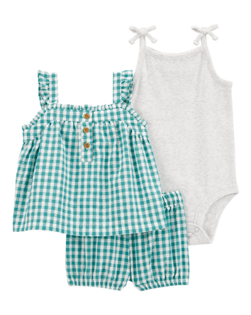 Baby Girl 3-Piece Gingham Outfit Set - Green/Grey, 