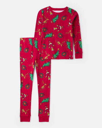 Kid Dr. Seuss&trade; The Grinch Print 100% Cotton Long-Sleeve Snug Fit 2-Piece Pajamas - Red, 