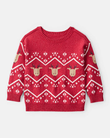 Toddler Boy Christmas Reindeer Fair Isle Cotton Long-Sleeve Sweater - Red, 