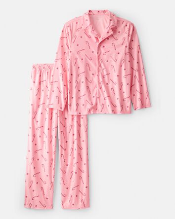 Adult Peppermint Print Long-Sleeve Loose Fit Coat-Style 2-Piece Pajamas - Pink, 