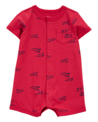 Baby Boy Printed Short-Sleeve Romper - Red, image 1 of 3 slides
