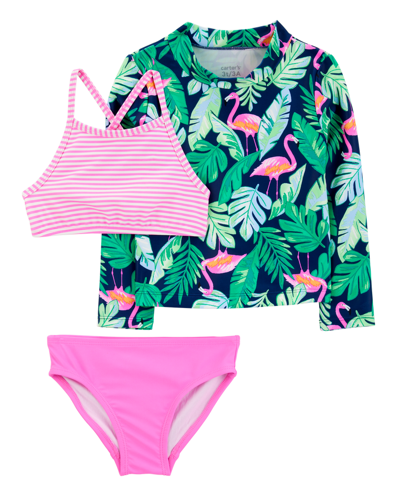 Toddler Girl 3-Piece Tropical Flamingo Print Rashguard Swim Set, image 1 of 5 slides