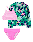 Toddler Girl 3-Piece Tropical Flamingo Print Rashguard Swim Set, image 1 of 5 slides