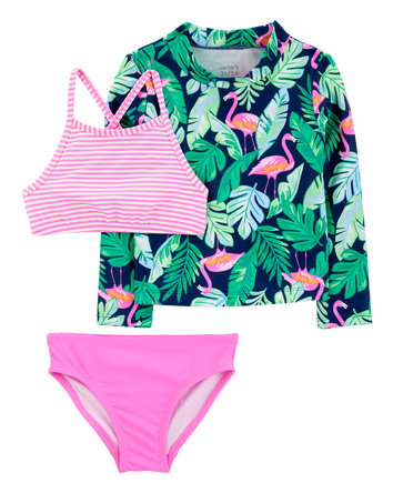 Toddler Girl 3-Piece Tropical Flamingo Print Rashguard Swim Set, 