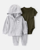 Baby Boy 3-Piece Thermal Bear Little Cardigan Set - Grey/Green, image 1 of 6 slides