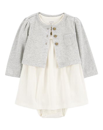 Baby Girl 2-Piece Bodysuit Dress & Cardigan Set - Grey/White, 