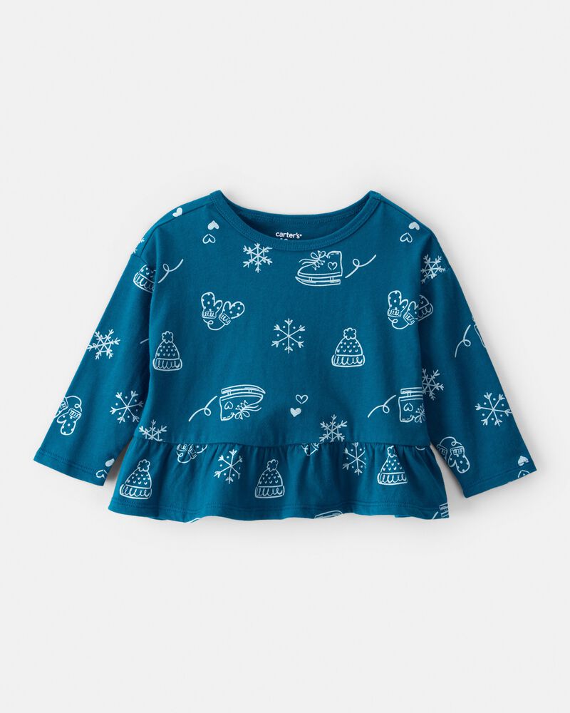 Baby Girl Winter Print Long-Sleeve Peplum Top - Blue, image 1 of 3 slides