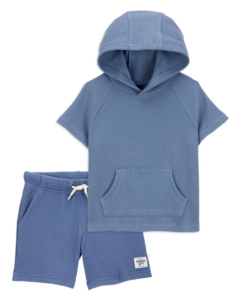 Baby 2-Piece Waffle Knit Hooded Pullover & Drawsting Shorts Set - Blue, image 1 of 7 slides