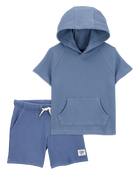 Baby 2-Piece Waffle Knit Hooded Pullover & Drawsting Shorts Set - Blue, image 1 of 7 slides