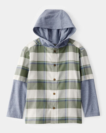 Boys Plaid Layered-Look Button-Down Hooded Tee - Green, 