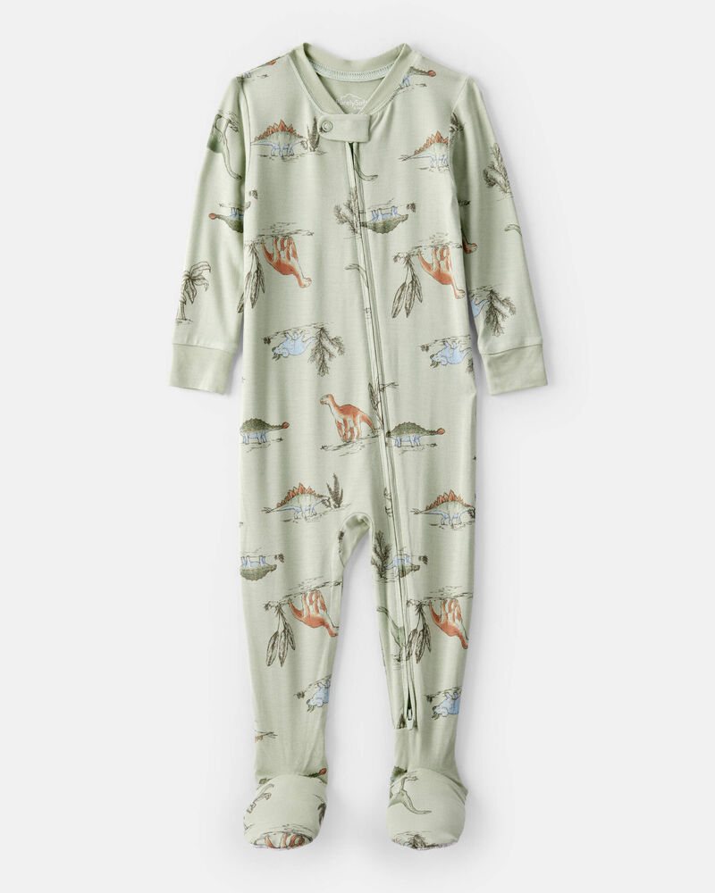 Baby Boy Dinosaur Print PurelySoft Long-Sleeve 2-Way Zip 1-Piece Pajamas - Green, image 1 of 6 slides