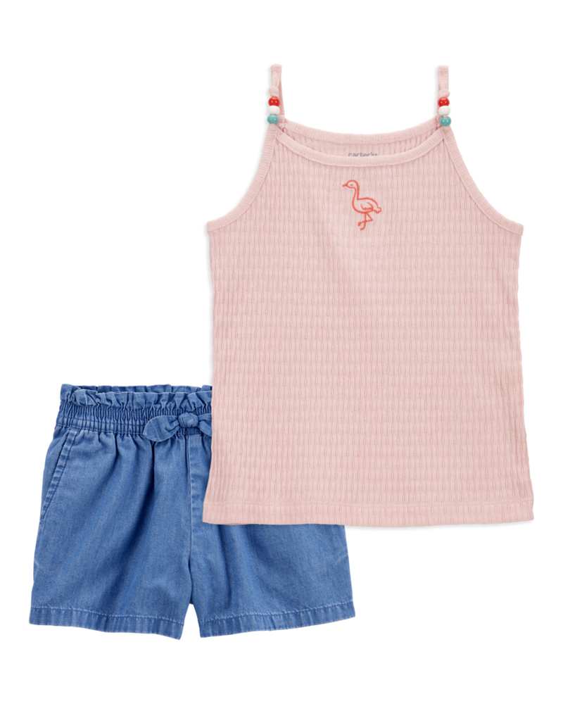 Toddler 2-Piece Flamingo Ribbed Tank Top & Chambray Shorts Set - Pink/Blue
, image 1 of 9 slides